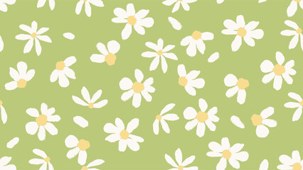 Materiał do szycia Floral seamless pattern features white daisies on a solid green background. The flowers have a painterly, slightly abstract quality