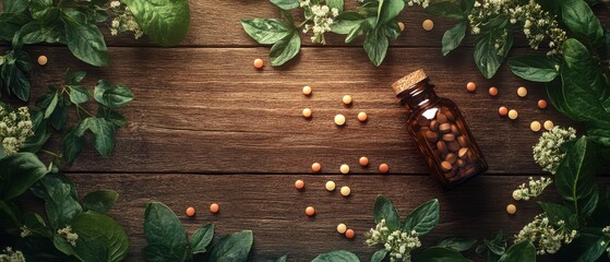 pills of herbal and leaves with bottle on top view of wood table concept in care and healthy strong body for maintaining health