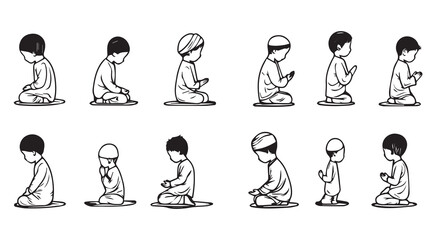 Muslim boys praying various positions illustration