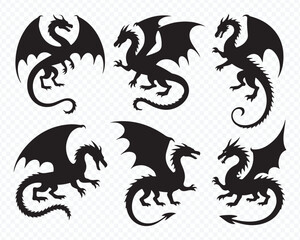 Set of black dragon silhouettes with wings Vector