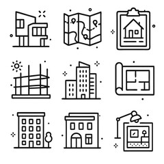 Architecture nine black and white line icons depict aspects of construction and architecture. Suitable for architectural websites and presentations.