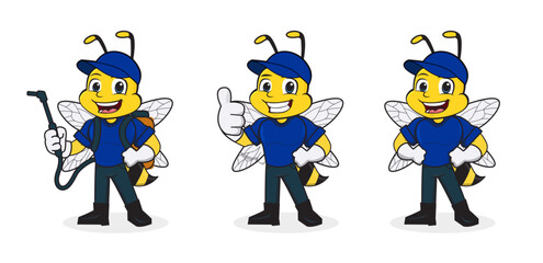 Vector illustration of a cute cartoon bee character in three different work-related poses. The bee wears a blue uniform, gloves, boots, and a cap, symbolizing service, pest control, or delivery work. 