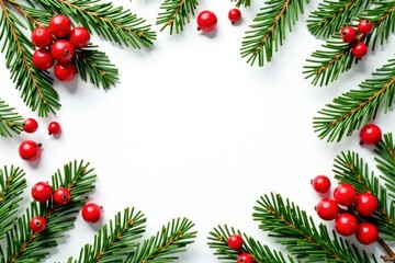 Rustic Christmas fir branches and berries White backdrop, copy space , rustic, new year