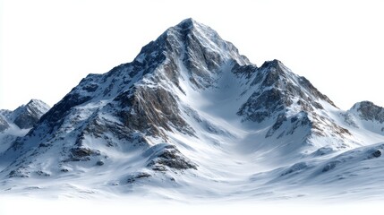 A majestic, snow-covered mountain peak with rugged slopes and sharp ridges, set against a clear white background, highlighting the grandeur and natural beauty of the winter landscape.