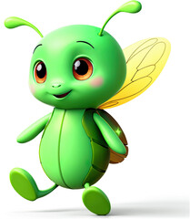 A cheerful green cartoon insect with big eyes stands happily with bright yellow wings for children
