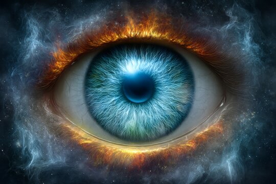 A striking, surreal illustration of a blue human eye surrounded by cosmic clouds and fiery colors, giving a mystical and otherworldly appearance, as if the eye is observing the universe.