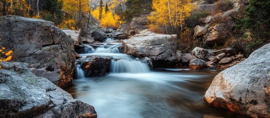 Autumnal cascade flowing over rocks in a mountain stream.