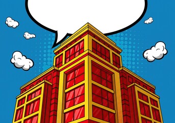 Pop art illustration of a red and gold building against a blue sky with speech bubble.