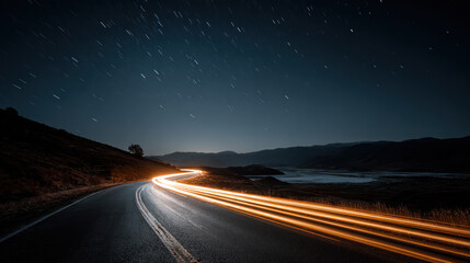 Fototapeta premium Light trails from car on winding road at night under starry sky create dynamic travel scene full of motion and adventure.