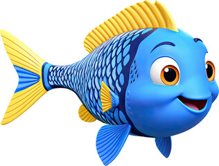 Cheerful blue cartoon fish with yellow fins radiates happiness in digital illustration style art.