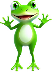 A bright green, happy frog, rendered in 3D style, stands tall with a broad smile and welcoming pose.
