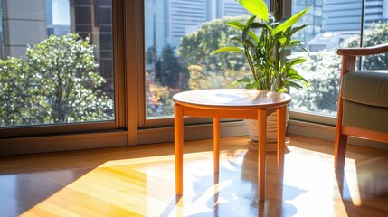 Sunny room corner with wooden table and plant