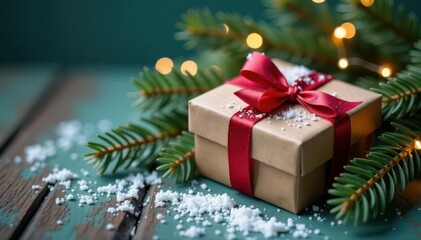 Rustic Christmas gift box nestled amongst snowy pine branches , background, decoration, photo