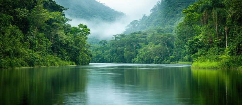 Serene rainforest river flowing through lush green foliage.