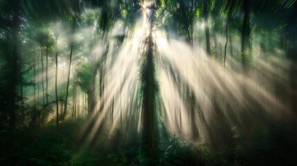 Fototapeta premium Sunlight Through Forest Canopy Ethereal Scene