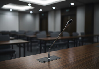 Obraz premium Blurred photo of conference hall or seminar room with microphone over it.