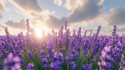 Obraz premium A vibrant lavender field at sunset, illuminated by golden light.