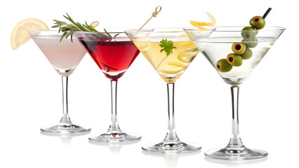 A Row of Colorful Cocktails in Martini Glasses – Elegant Drink Presentation on White Background

