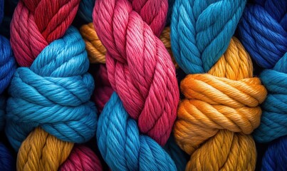 close up knot of rope, Team rope diverse strength connect partnership together teamwork unity communicate support. Strong diverse network rope team concept