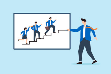 Flat illustration of business leader drawing staircase on whiteboard to visualize startup team progress and business growth strategy