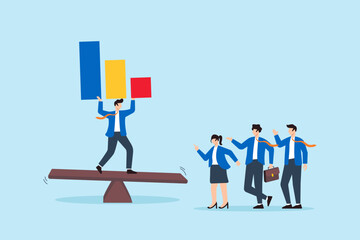Flat illustration of business leader balancing colorful charts on seesaw while team coordinates productivity strategy