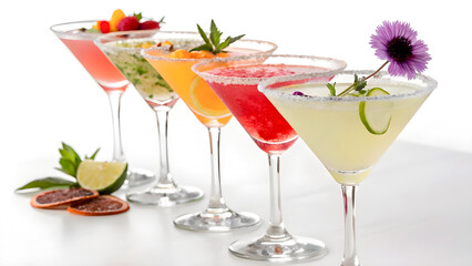 A Row of Colorful Cocktails in Martini Glasses – Elegant Drink Presentation on White Background

