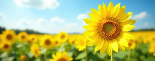 Obraz premium Single sunflower in field, bright yellow petals, sky backdrop , nature, sunflower, detail