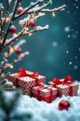 Snow-dusted branches frame wrapped gifts, nestled in fresh snow , snowy, snowy branches
