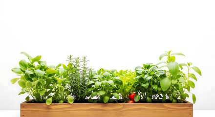Fototapeta premium A vibrant array of herbs flourishing in a wooden planter box.