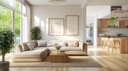 Fototapeta premium Bright living room with neutral walls, soft furnishings, wooden furniture, and clean decor for an airy, open feel