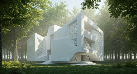 Futuristic home design integrating into a serene forest landscape with lush greenery