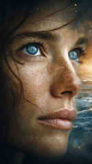 Obraz premium Close-up view of a thoughtful woman's face, eyes reflecting vivid surroundings of stars and ocean waves, symbolizing imagination, exploration, and wonder about the universe.