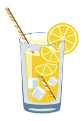 Fizzy Lemonade with Ice and Striped Straw - Vector Illustration