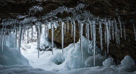 Frozen spectacle: shimmering icicles hang from a rocky overhang in winter landscape