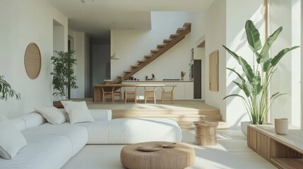 living space with white sofa, light wood, stairs to a loft, and kitchen in the background. Plants and natural light complete the minimalist look