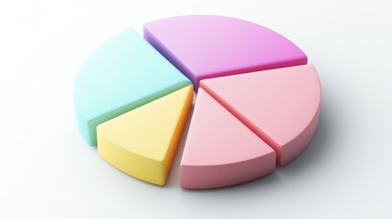Fototapeta premium Minimalist D pie chart with pastel parts on a white background, subtle shadows and soft lighting