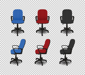 Office chairs set in blue, red, and black colors, front and side view on transparent background