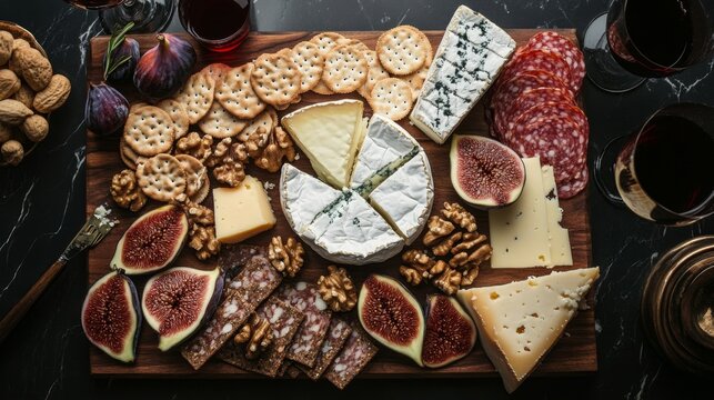 Top view of a gourmet cheese board with assorted cheeses, figs, crackers, and walnuts on a dark marble surface