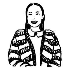 Smiling Asian girl wearing striped knitted jacket. Portrait of a happy young lady. Hand drawn linear doodle rough sketch. Black and white silhouette.