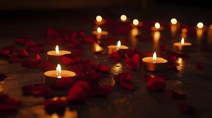 A romantic scene with heart shaped candles glowing in the dark with rose petals scattered on the floor