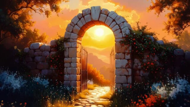 Serene Sunset Over Ancient Stone Archway in Lush Flower Garden