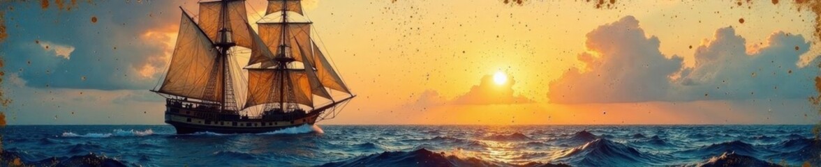 Fototapeta premium Distressed texture overlay, majestic sailing vessel, classic, horizon, sailing ship