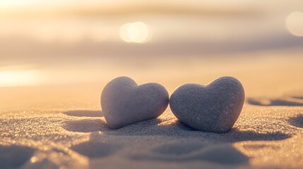 Fototapeta premium Two hearts formed from stones resting on a sandy beach with soft light in the background