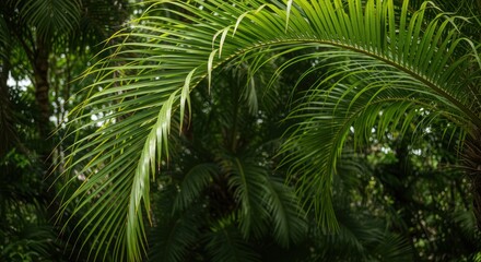 Fototapeta premium Lush green palm fronds create a tropical paradise against a jungle backdrop