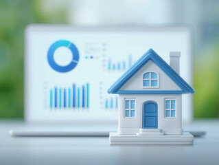property loan mortgage qualification home concept. Model house in front of a laptop displaying data charts.