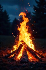 Close-up shot of a roaring bonfire, flames licking upwards against a dark night sky, embers glowing intensely Perfect for illustrating concepts of warmth, energy, power, and destruction , sky, sparks