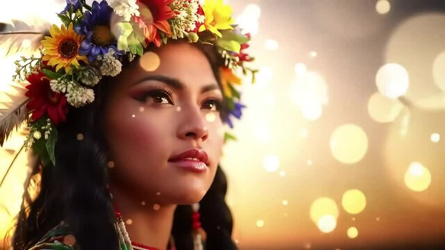 A Graceful Woman Wearing A Vibrant Flower Wreath Or Floral Crown Symbolizing Summer Solstice And Natural Beauty Stands Against A Magical Ethereal Background Filled With Glowing Lights Evoking Celebr
