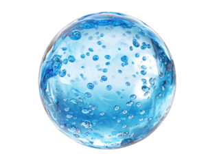 Translucent sphere, filled with light blue liquid and numerous small bubbles