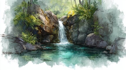 Majestic waterfall in a vibrant jungle, watercolor painting of nature's beauty