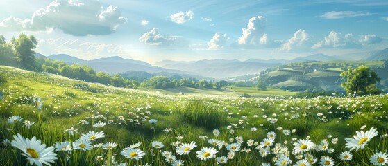 Beautiful spring and summer natural panoramic pastoral landscape with blooming field of daisies in the grass in the hilly countryside